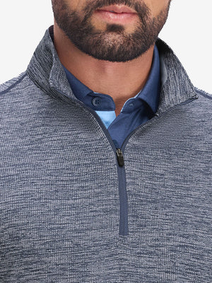 Front view from nose to chest of model wearing misty blue white grid featherweight midlayer quarter zip pullover