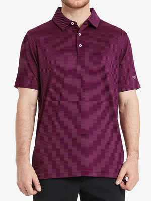 Front half-body view of model in MAROON STRIPE shirt, styled for golf performance