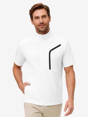 Upper body wearing view on model, lightweight upf50+ short sleeve golf vests jacket in white