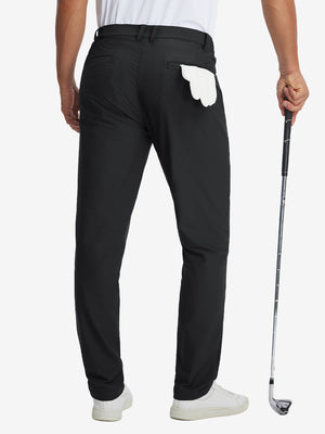 Back view of lightweight flat front casual trousers, showing structure and fit in black.