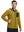 Model with one hand in pocket wearing full zip fleece hoodied jacket in yellow, relaxed look.