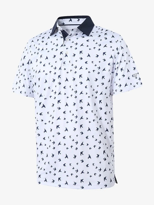 3D view shows the full design of the WHITE NAVY SEAGULL Polo Shirt, which features modern sporty styling and comfortable, breathable fabric