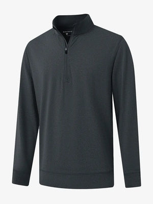3D view of DARK GREY HEATHER Quarter Zip Melange Pullover showing shape and melange pattern.