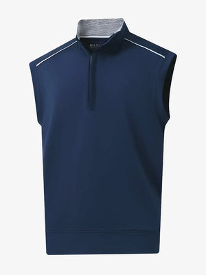 3D view of NAVY Stretch Solid Fleece Quarter-Zip Vest showing fit and texture.								
