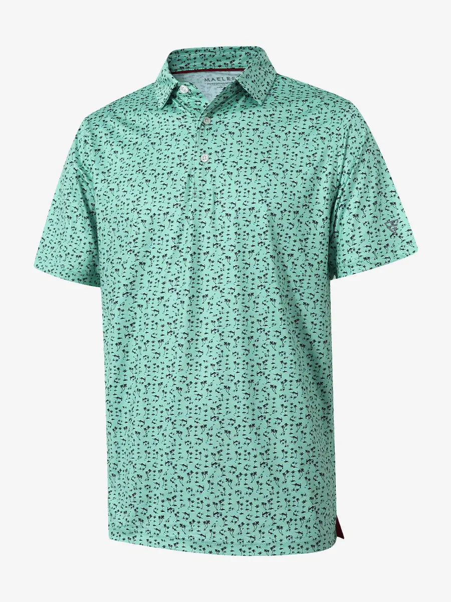 3D view showcasing the mint seaside palm pattern polo shirt, emphasizing its fresh, natural design and sporty comfort