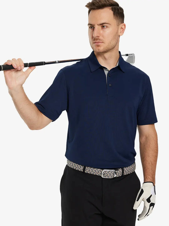 Half-body front pose with golf club in NAVY Ventilated Pique Performance Polo