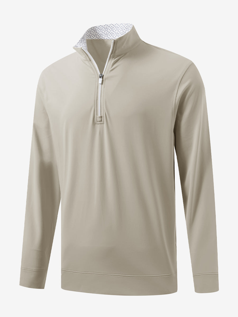 3D front view of the lightweight golf quarter zip pullover in khaki light, clean and athletic design.