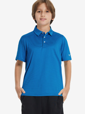 Front half-body shot of youth in cobalt stripe performance cooling polo, highlighting design and fit