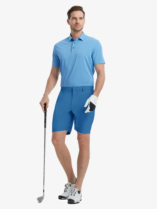 Full-body front shot of model holding golf club, wearing Player Fit Versatile Solid Shorts 9 Inch – BLUE
