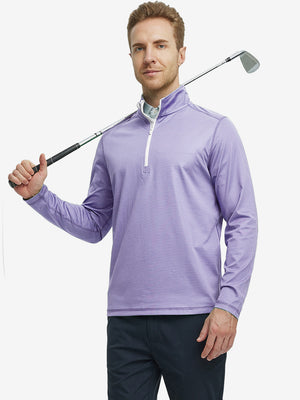 Half-body front view of model holding golf club in Pinstripe Quarter Zip Pullover – LAVENDER MELANGE
