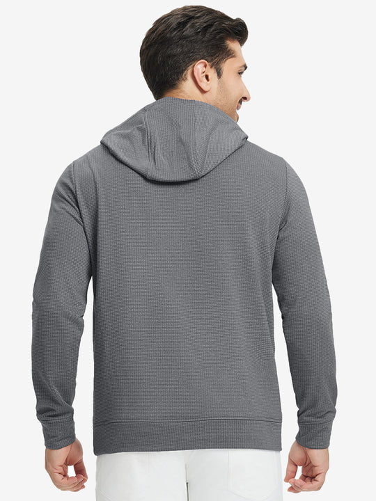 Back upper view of model in warm fleece golf hoodies pullover grey.