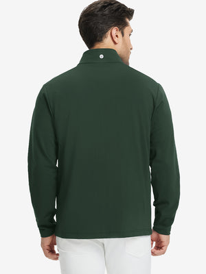 Back view of lightweight casual fleece jacket with 5 pockets, model in forest green, relaxed fit
