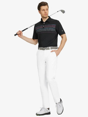 Full body front view of model wearing WHITE Water Resistant Everyday Pants, holding a golf club