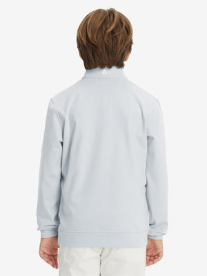 Back upper body of model wearing youth winter micro-fleece quarter zip pullover in misty grey