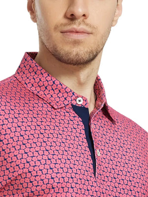 MAELREG Men's Performance Jersey Print Polo – Front chest view in Rose Flower