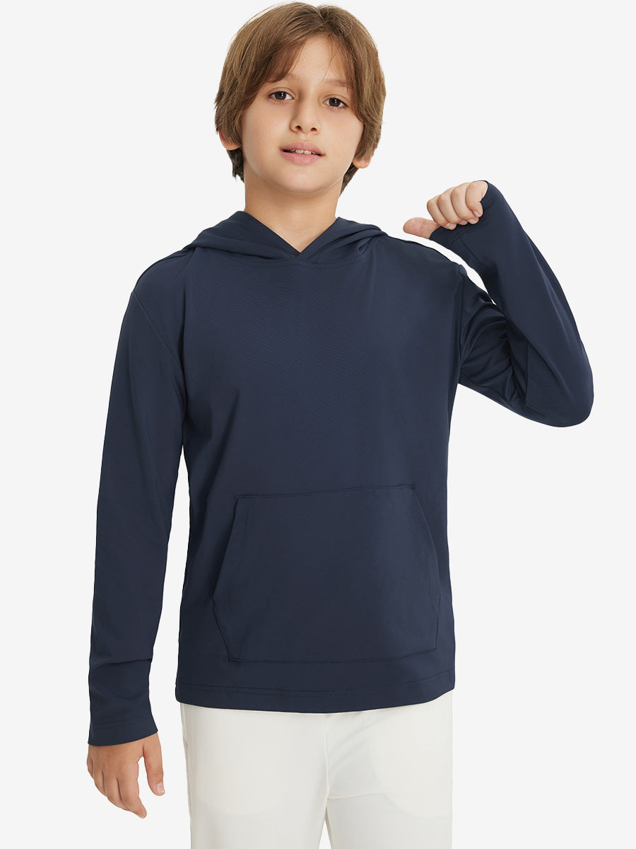 Front upper body view of youth long sleeve hoodied with kangaroo pocket in navy, casual fit.