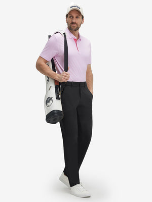 Front full body shot of model wearing black breathable casual slacks with 4 pockets