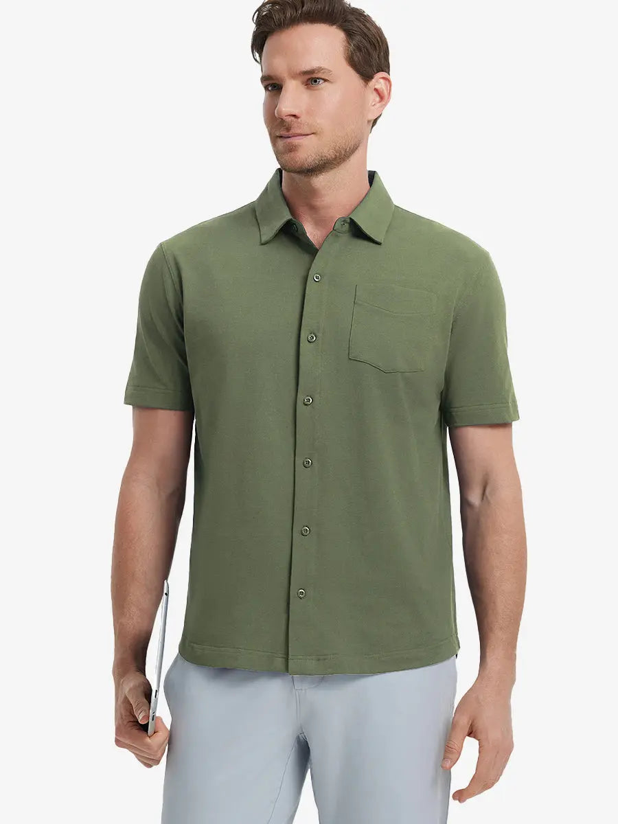 Model half-body front view wearing OLIVE GREEN Cotton Blend Plain Shirt.