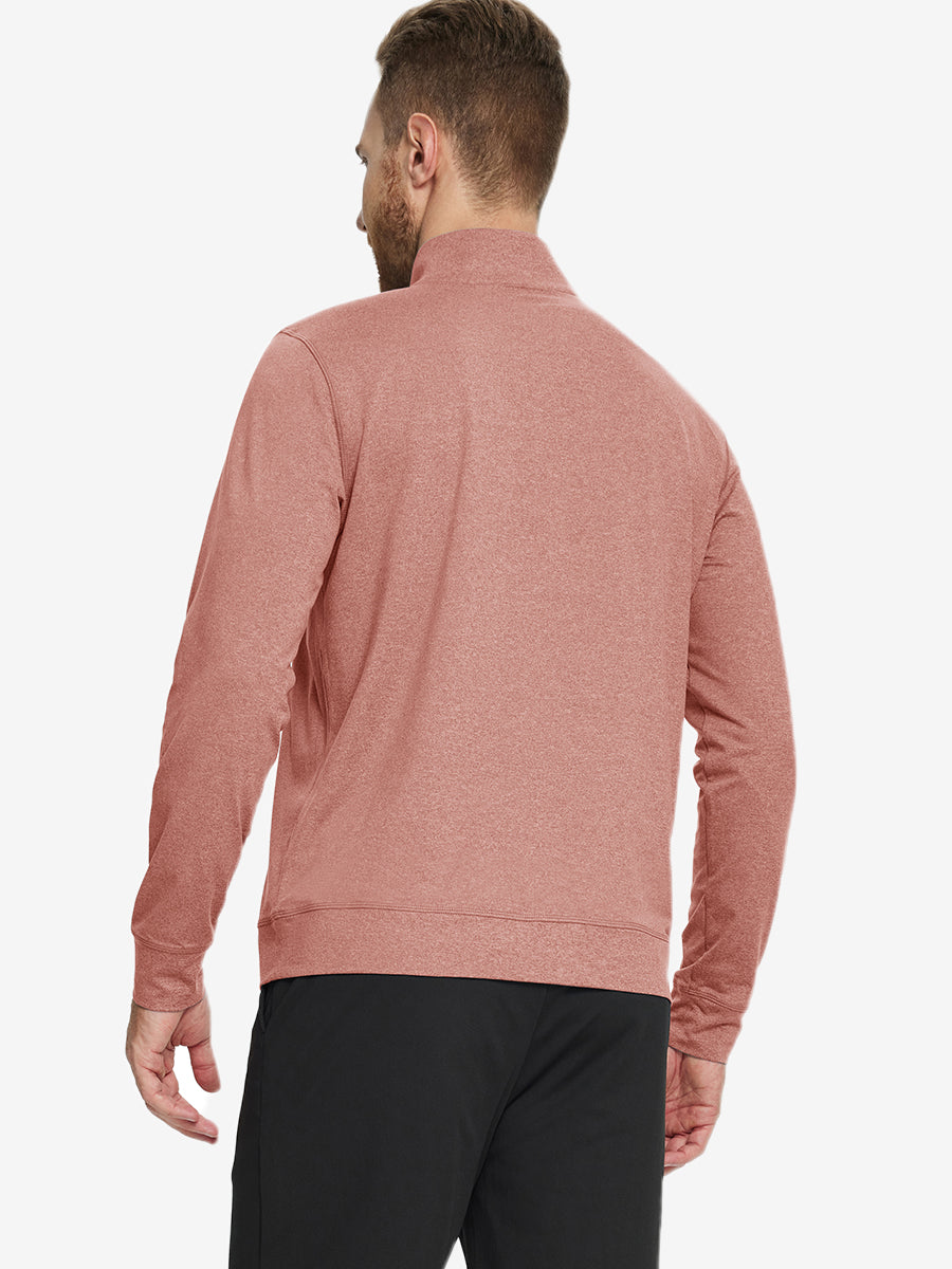 Back view of model wearing quarter zip melange pullover brick melange.