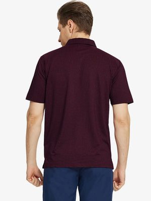 Back half-body view of model wearing RED Elegant Performance Jacquard Polo