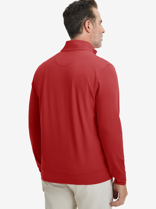 Back upper body view of the red lightweight golf pullover, model turns head slightly with ease.
