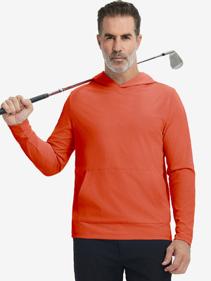 Model holding golf club, wearing dry fit stretchy sweatshirts hoodie in orange, sporty and casual.