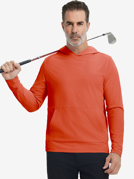 Model holding golf club, wearing dry fit stretchy sweatshirts hoodie in orange, sporty and casual.