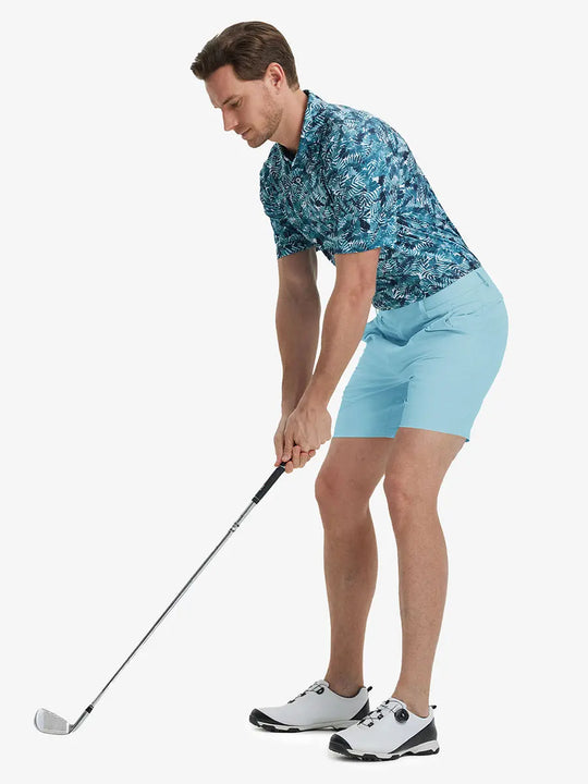 Full-body front shot of model holding golf club, wearing Player Fit Versatile Solid Shorts 7 Inch – LIGHT BLUE