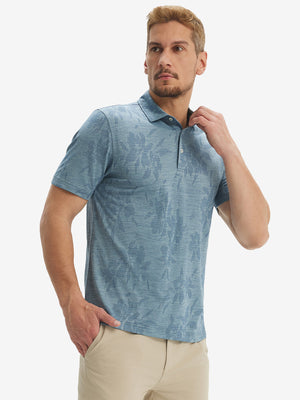 Front waist-up shot of model wearing blue flower breathable jacquard pattern 3-button golf polo