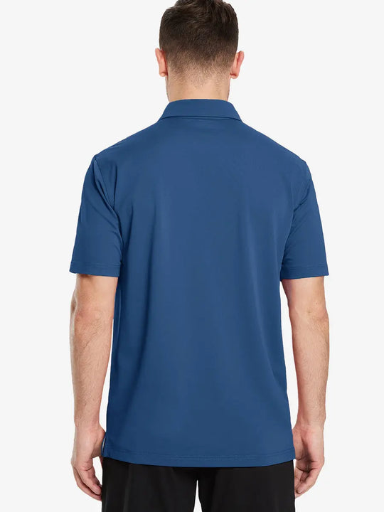 Back view half-body of model in BLUE Ventilated Pique Performance Polo