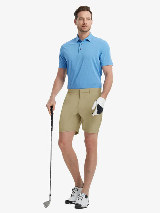 Full-body front shot of model holding golf club, wearing Player Fit Versatile Solid Shorts 7 Inch – KHAKI
