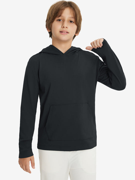 Front upper body view of youth long sleeve hoodied with kangaroo pocket in black, casual fit.