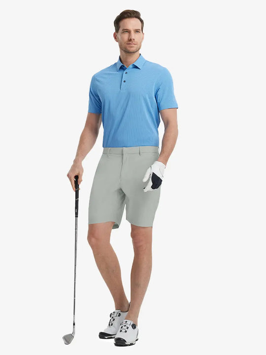 Full-body front shot of model holding golf club, wearing Player Fit Versatile Solid Shorts 9 Inch – NEUTRAL GREY