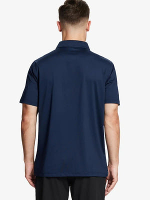 Back half-body view of male model wearing the Navy Everyday Classic Solid Polo