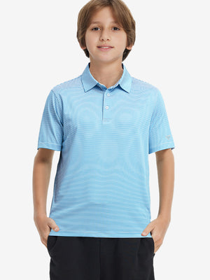 Front half-body shot of youth in sky blue stripe performance cooling polo, highlighting design and fit