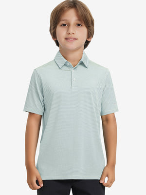 Front half-body shot of youth in yellow stripe performance cooling polo, highlighting design and fit