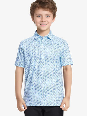 Front half-body shot of boy model in BLUE DINOSAUR Performance Print Boys Golf Polo, ready to play