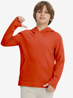 Front upper body view of youth long sleeve hoodied with kangaroo pocket in orange, casual fit.