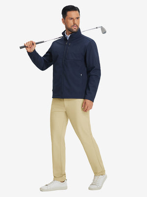 Model holding a golf club, wearing lightweight flat front casual trousers in khaki, full-body view.