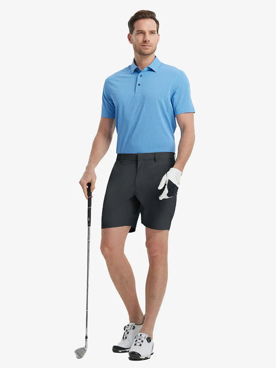 Full-body front shot of model holding golf club, wearing Player Fit Versatile Solid Shorts 7 Inch – DARK GREY