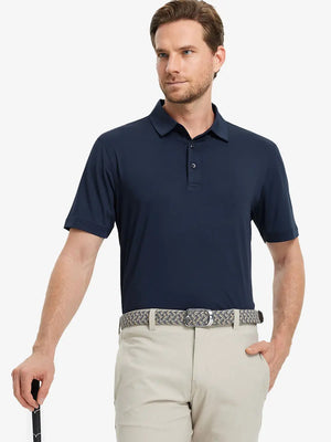 Model wearing Everyday Solid Jersey Polo in NAVY, front half-body holding golf club confidently.