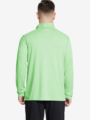 Back waist-up shot of model wearing light green melange moisture wicking quarter zip pullover