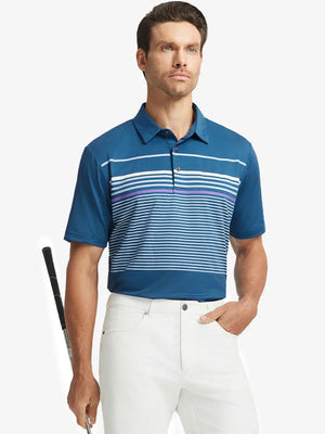 Model holding golf club in COBALT BLUE1 Chest Print Polo Shirts