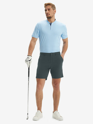 Full-body front view of model wearing the iron grey stretch soft flat front dress golf shorts for a complete look
