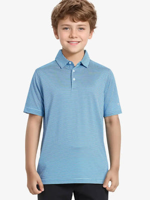MAELREG Youth Polo – half-body front view, neutral pose in Aqua Stripe