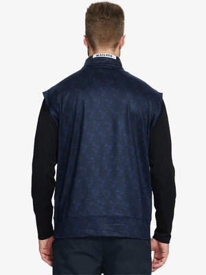 Half-body front view of model holding golf club wearing NAVY GEO Stretch Solid Fleece Quarter-Zip Vest.								
