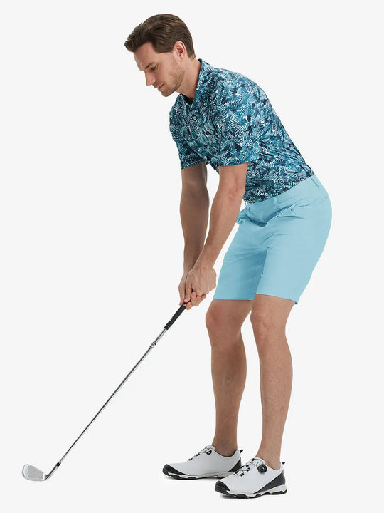 Full-body front shot of model holding golf club, wearing Player Fit Versatile Solid Shorts 9 Inch – LIGHT BLUE