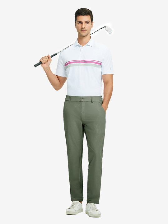 Full-body shot of model holding golf club, styled with quick dry casual dress pants in olive green.