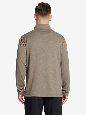 Back half-body view, model showcasing fit of BROWN MELANGE Moisture Wicking Quarter Zip Pullover.