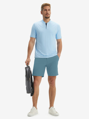 Full-body front view of model wearing the blue stretch soft flat front dress golf shorts for a complete look